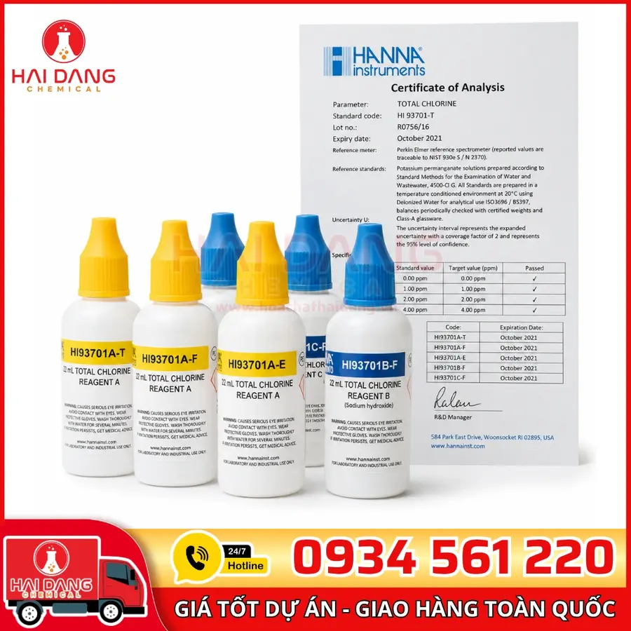 Thuốc Thử Đo Clo Dư Dạng Nước, 300 Lần - Hanna Ý