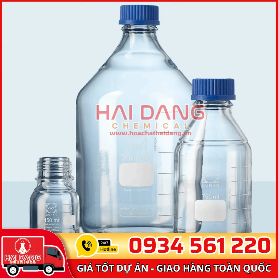 Chai trung tính trắng nắp vặn xanh 1000mL, hãng Duran – Đức