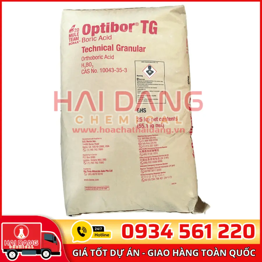 Acid Boric H₃BO₃ Mỹ 99,5% 25kg/bao