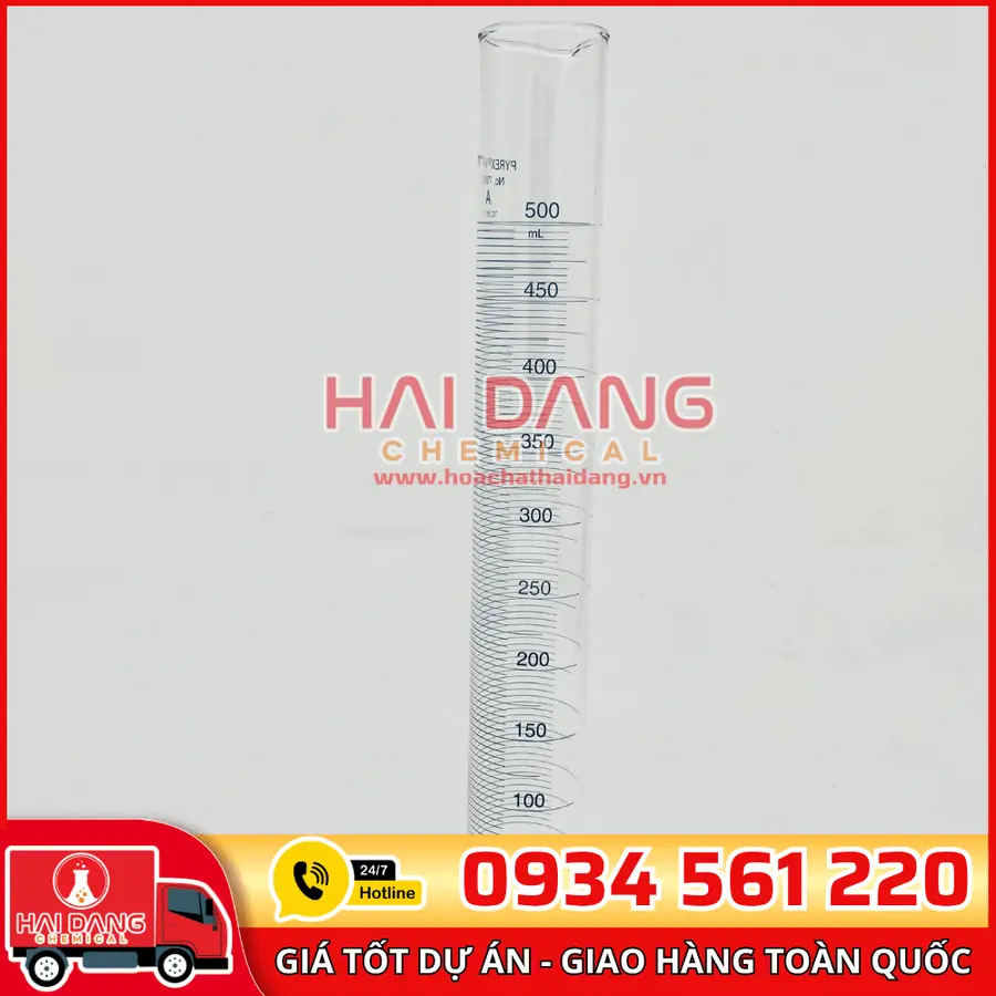 Ống đong thủy tinh đế lục giác 500mL, hãng Duran – Đức