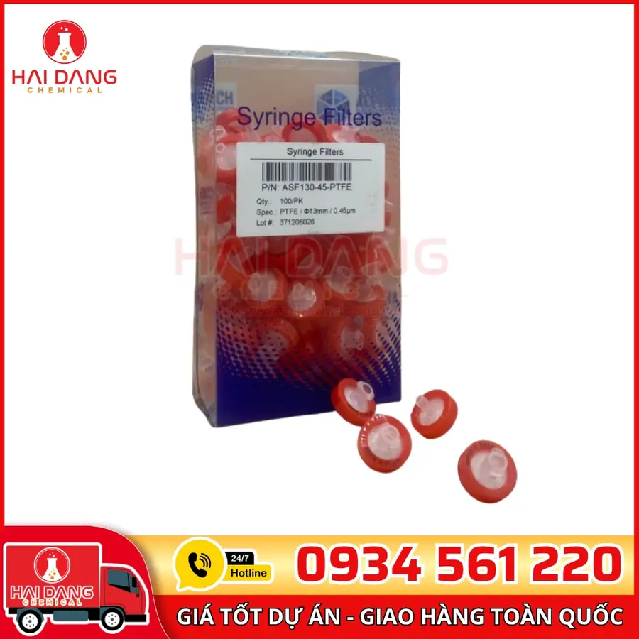 Đầu Lọc PTFE Ưa Nước 0.45µm 13mm Đỏ – Lọc Mẫu Nước & Sinh Học