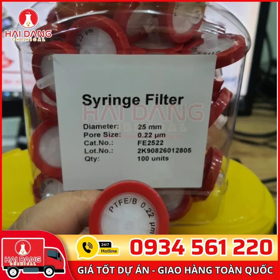 Đầu lọc (Hydrophobic – kị nước) PTFE Syringe Filter 0.22μm – Ø25mm, Trung Quốc