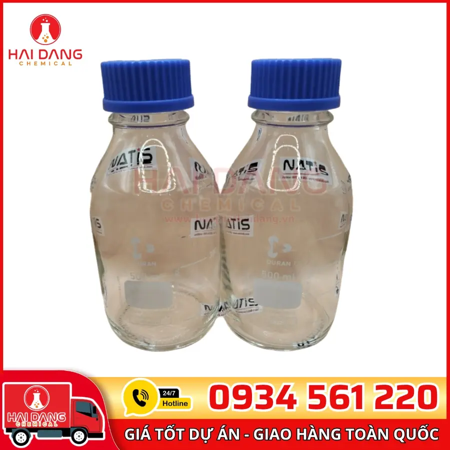 Chai trung tính trắng 500mL, nắp vặn xanh GL45, hãng Duran – Đức