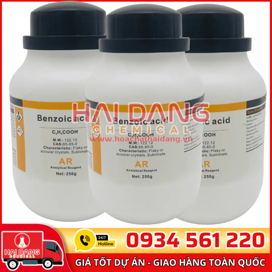 Benzoic Acid (Axit Benzoic) C₆H₅COOH, lọ 500g - hãng Xilong