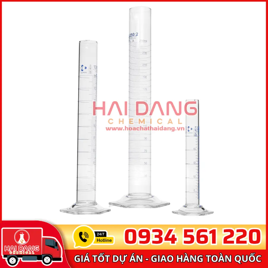 Ống đong thủy tinh đế lục giác 50mL, hãng Duran – Đức