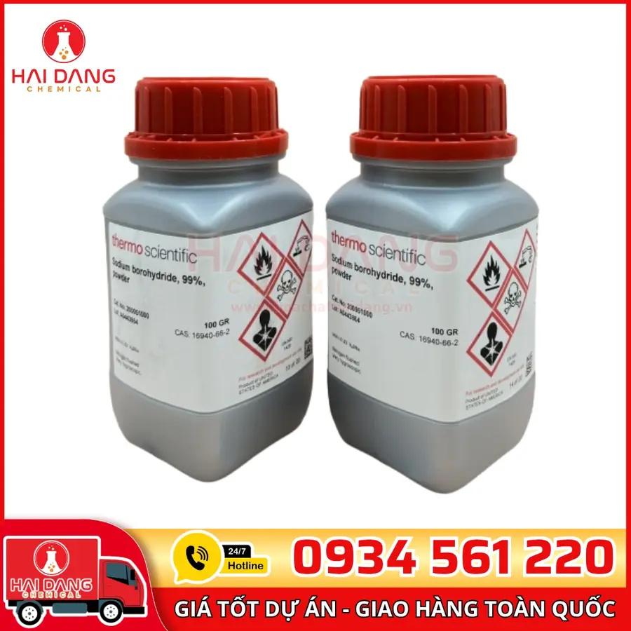 Sodium borohydride 99% powder  lọ 100g, hãng Fisher