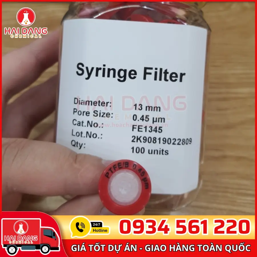 Đầu lọc (Hydrophilic-ưa nước) PTFE Syringe Filter (Red) Pore:0.45μm, Diameter: 13mm Trung Quốc