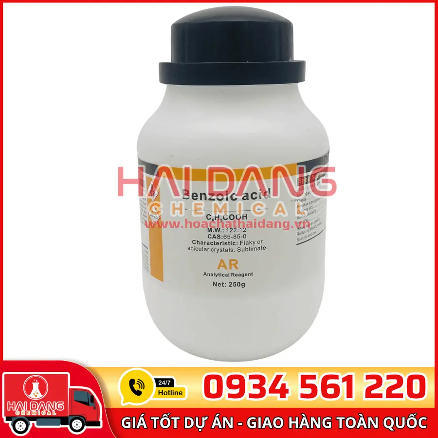 Benzoic Acid (Axit Benzoic) C₆H₅COOH, lọ 500g - hãng Xilong