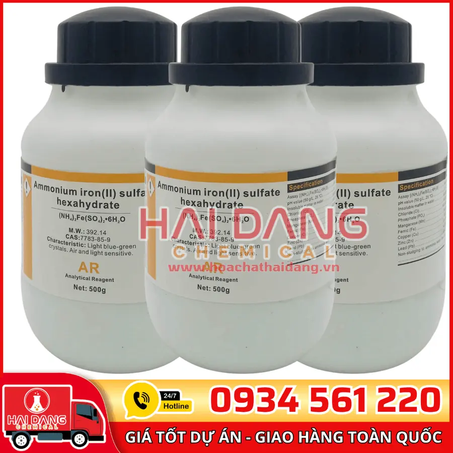 Ammonium iron(II) sulfate hexahydrate (NH₄)₂Fe(SO₄)₂·6H₂O, lọ 500g - hãng Xilong