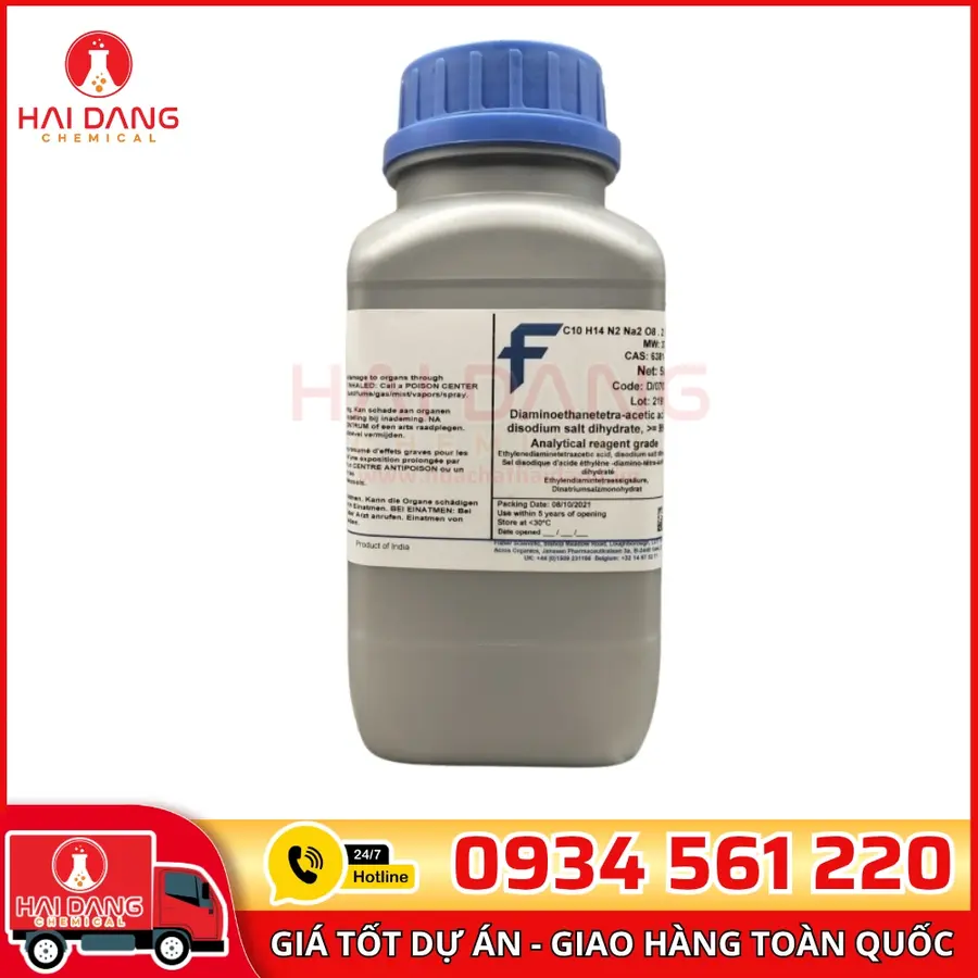 EDTA.2Na.2H₂O – Ethylenediaminetetraacetic Acid, Disodium Salt Dihydrate  lọ 500g, hãng Fisher