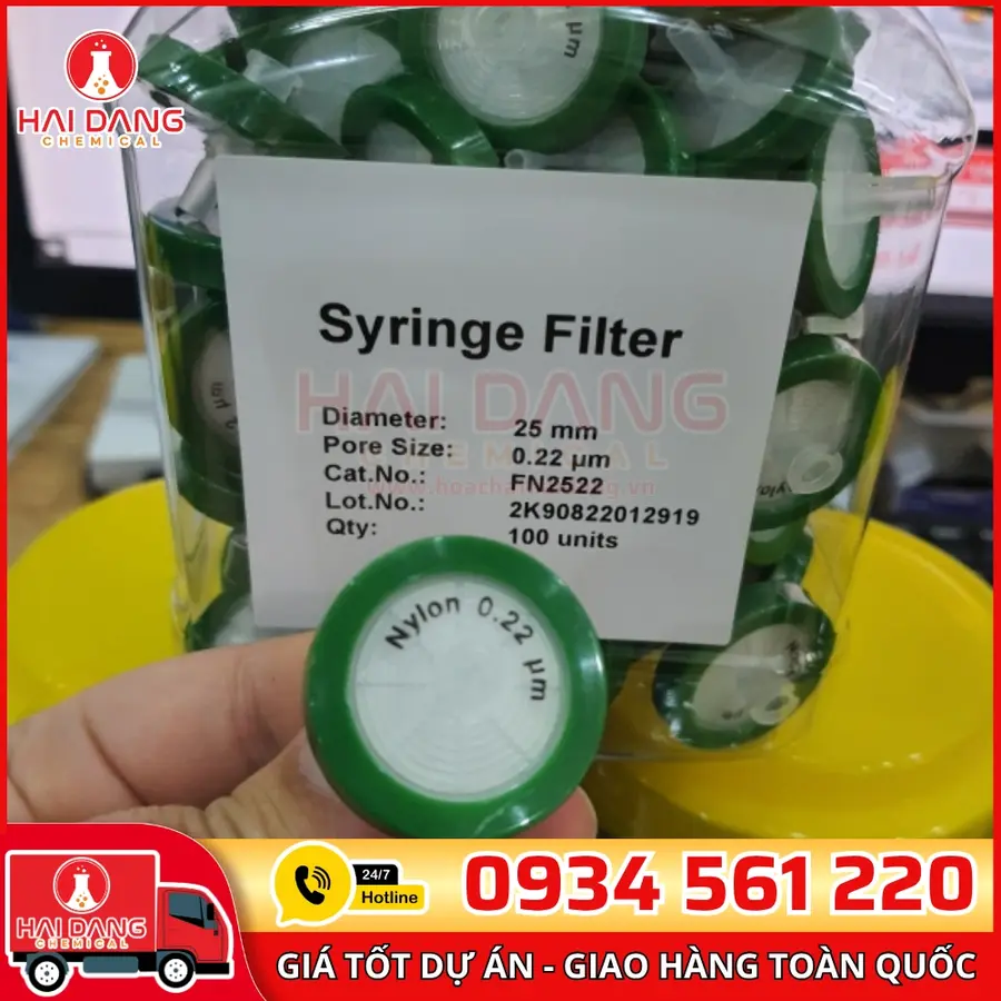 Đầu Lọc Nylon Syringe Filter 0.22µm, Đường Kính 25mm, Viền Xanh – Trung Quốc