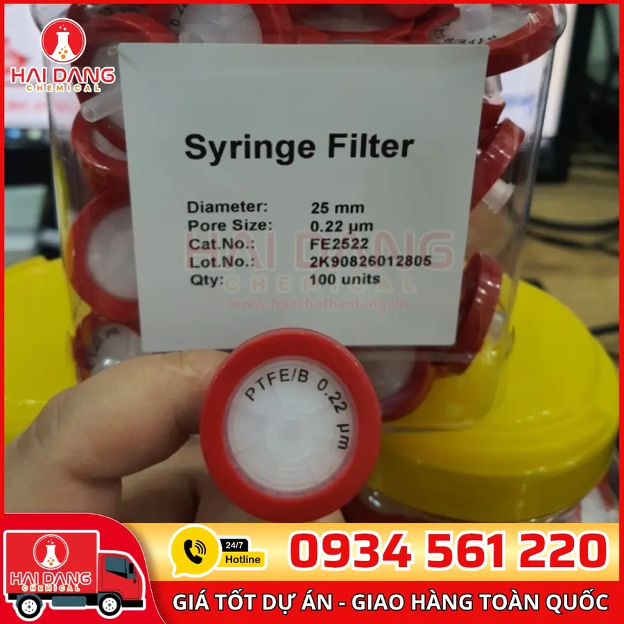 Đầu lọc ((Hydrophilic-ưa nước)) PTFE Syringe Filter (Red) Pore:0.22μm, Diameter: 25mm Trung Quốc