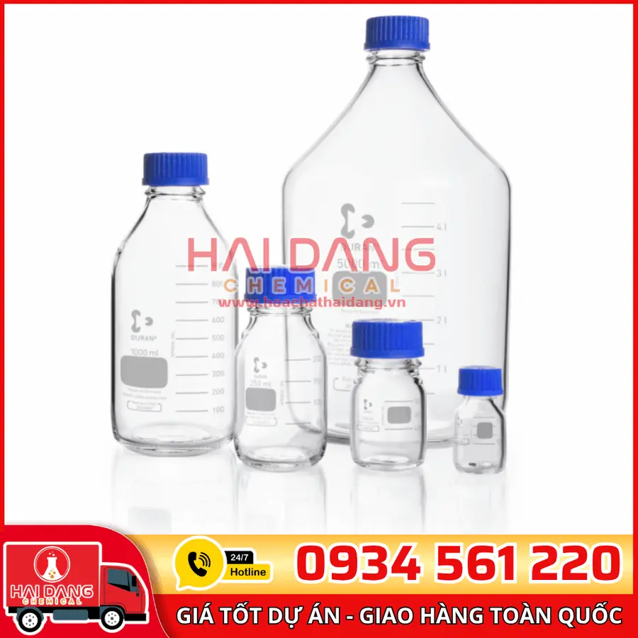 Chai trung tính trắng nắp vặn xanh 1000mL, hãng Duran – Đức